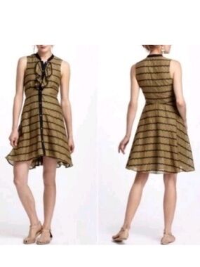 Anthropologie Bubbled Bands Ruffled Striped Shirtdress Olive Green Size 6